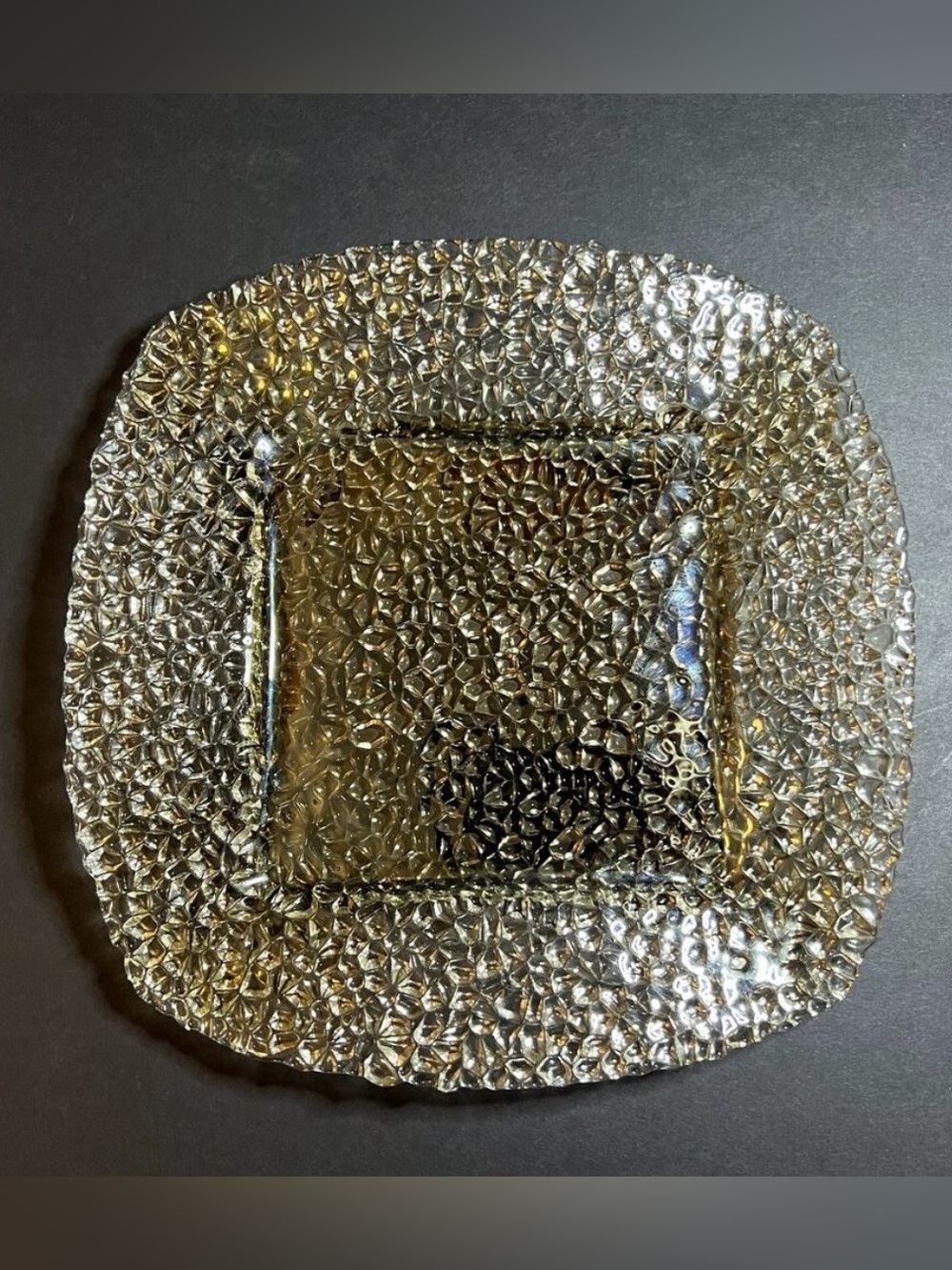 Vintage Vetropuro Turkish Peach Amber Pebbled Glass Square Salad Plate Dish 8.5"
